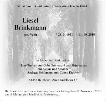 Traueranzeige von Liesel Brinkmann von Rüsselsheimer Echo, Groß-Gerauer-Echo, Ried Echo