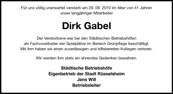 Traueranzeige von Dirk Gabel von Rüsselsheimer Echo, Groß-Gerauer-Echo, Ried Echo