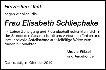 Traueranzeige von Elisabeth Schliephake von Darmstädter Echo, Odenwälder Echo, Rüsselsheimer Echo, Groß-Gerauer-Echo, Ried Echo