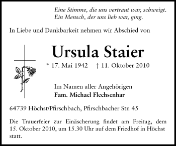 Traueranzeige von Ursula Staier von Odenwälder Echo