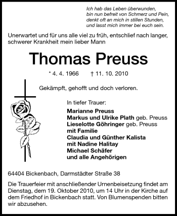 Traueranzeige von Thomas Preuss von Echo-Zeitungen (Gesamtausgabe)