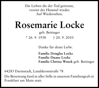Traueranzeige von Rosemarie Locke von Darmstädter Echo, Odenwälder Echo, Rüsselsheimer Echo, Groß-Gerauer-Echo, Ried Echo