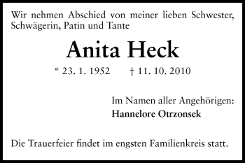 Traueranzeige von Anita Heck von Rüsselsheimer Echo, Groß-Gerauer-Echo, Ried Echo