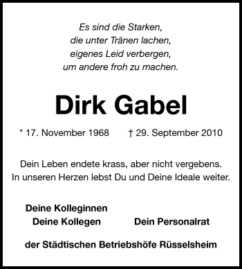 Traueranzeige von Dirk Gabel von Rüsselsheimer Echo, Groß-Gerauer-Echo, Ried Echo