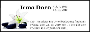 Traueranzeige von Irma Dorn von Starkenburger Echo