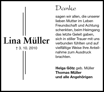 Traueranzeige von Lina Müller von Echo-Zeitungen (Gesamtausgabe)