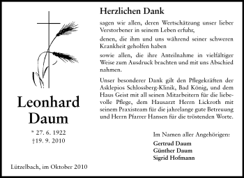 Traueranzeige von Leonhard Daum von Odenwälder Echo