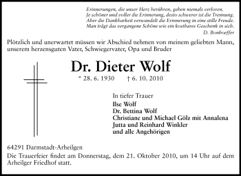 Traueranzeige von Dieter Wolf von Echo-Zeitungen (Gesamtausgabe)