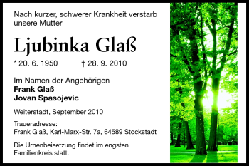 Traueranzeige von Lujbinka Glaß von Echo-Zeitungen (Gesamtausgabe)
