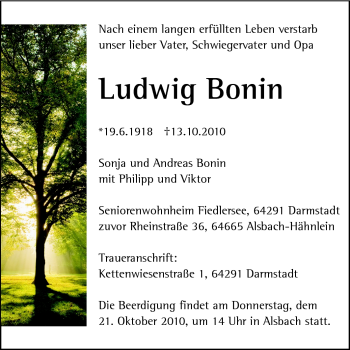 Traueranzeige von Ludwig Bonin von Echo-Zeitungen (Gesamtausgabe)