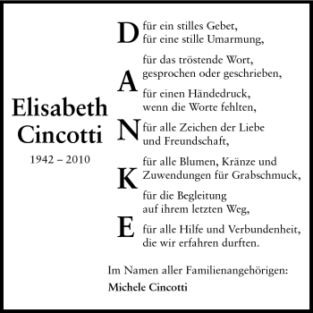 Traueranzeige von Elisabeth Cincotti von Echo-Zeitungen (Gesamtausgabe)