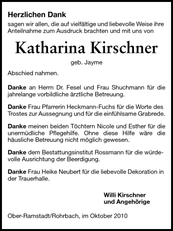 Traueranzeige von Katharina Kirschner von Darmstädter Echo, Odenwälder Echo, Rüsselsheimer Echo, Groß-Gerauer-Echo, Ried Echo