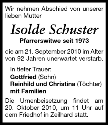 Traueranzeige von Isolde Schuster von Darmstädter Echo, Odenwälder Echo, Rüsselsheimer Echo, Groß-Gerauer-Echo, Ried Echo
