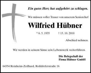 Traueranzeige von Wilfried Hübner von Echo-Zeitungen (Gesamtausgabe)