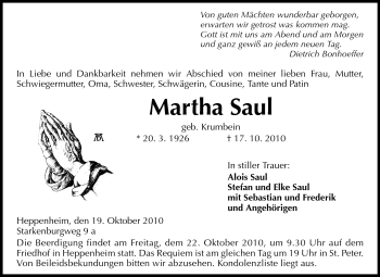 Traueranzeige von Martha Saul von Starkenburger Echo