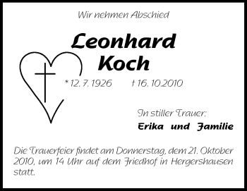 Traueranzeige von Leonhard Koch von Darmstädter Echo, Odenwälder Echo, Rüsselsheimer Echo, Groß-Gerauer-Echo, Ried Echo