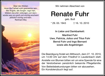 Traueranzeige von Renate Fuhr von Starkenburger Echo
