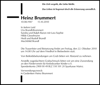 Traueranzeige von Heinz Brummert von Rüsselsheimer Echo, Groß-Gerauer-Echo, Ried Echo