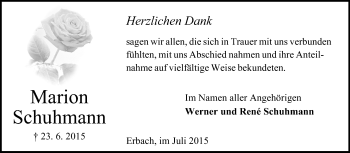 Traueranzeige von Marion Schuhmann von Odenwälder Echo