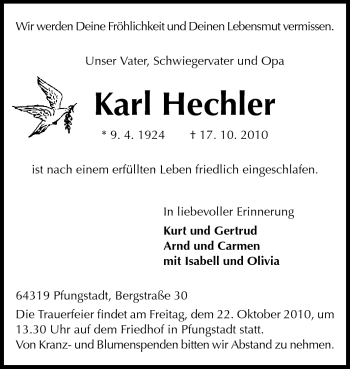 Traueranzeige von Karl Hechler von Echo-Zeitungen (Gesamtausgabe)