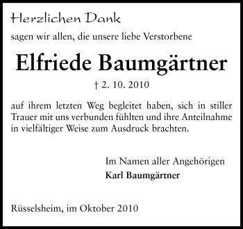 Traueranzeige von Elfriede Baumgärtner von Rüsselsheimer Echo, Groß-Gerauer-Echo, Ried Echo