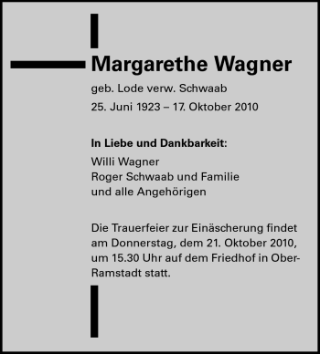 Traueranzeige von Margarethe Wagner von Darmstädter Echo, Odenwälder Echo, Rüsselsheimer Echo, Groß-Gerauer-Echo, Ried Echo