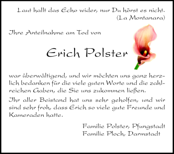 Traueranzeige von Erich Polster von Darmstädter Echo, Odenwälder Echo, Rüsselsheimer Echo, Groß-Gerauer-Echo, Ried Echo