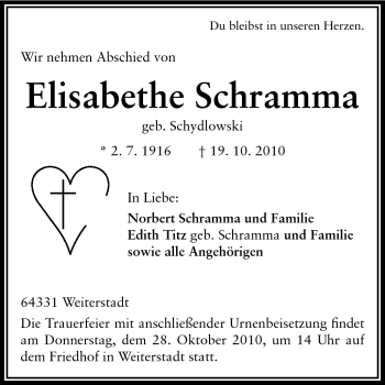 Traueranzeige von Elisabethe Schramma von Darmstädter Echo, Odenwälder Echo, Rüsselsheimer Echo, Groß-Gerauer-Echo, Ried Echo