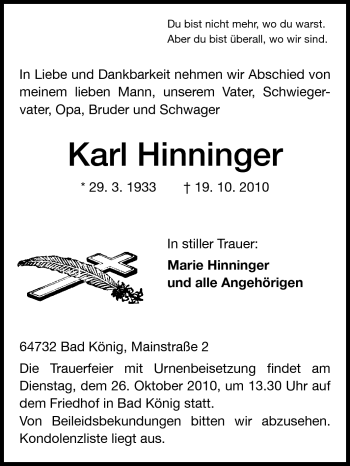 Traueranzeige von Karl Hinninger von Odenwälder Echo