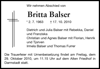 Traueranzeige von Britta Balser von Darmstädter Echo, Odenwälder Echo, Rüsselsheimer Echo, Groß-Gerauer-Echo, Ried Echo