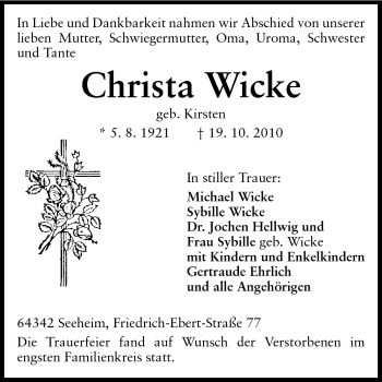 Traueranzeige von Christa Wicke von Echo-Zeitungen (Gesamtausgabe)