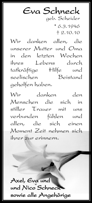 Traueranzeige von Eva Schneck von Echo-Zeitungen (Gesamtausgabe)