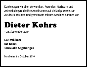 Traueranzeige von Dieter Kohrs von Rüsselsheimer Echo, Groß-Gerauer-Echo, Ried Echo