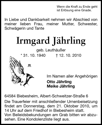 Traueranzeige von Irmgard Jährling von Rüsselsheimer Echo, Groß-Gerauer-Echo, Ried Echo