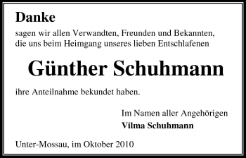 Traueranzeige von Günther Schuhmann von Odenwälder Echo