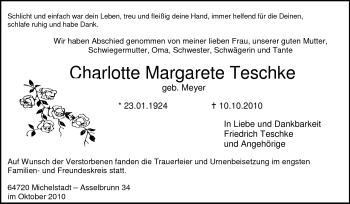 Traueranzeige von Charlotte Teschke von Odenwälder Echo