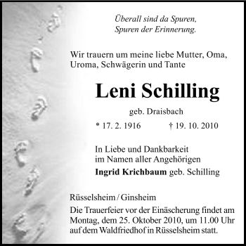 Traueranzeige von Leni Schilling von Rüsselsheimer Echo, Groß-Gerauer-Echo, Ried Echo