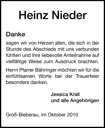 Traueranzeige von Heinz Nieder von Echo-Zeitungen (Gesamtausgabe)