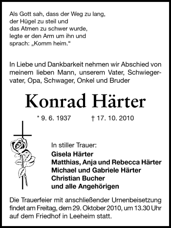Traueranzeige von Konrad Härter von Rüsselsheimer Echo, Groß-Gerauer-Echo, Ried Echo