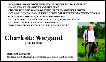 Traueranzeige von Charlotte Wiegand von Echo-Zeitungen (Gesamtausgabe)