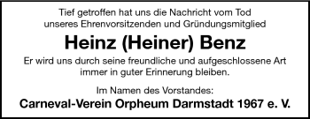 Traueranzeige von Heinz Benz von Darmstädter Echo, Odenwälder Echo, Rüsselsheimer Echo, Groß-Gerauer-Echo, Ried Echo