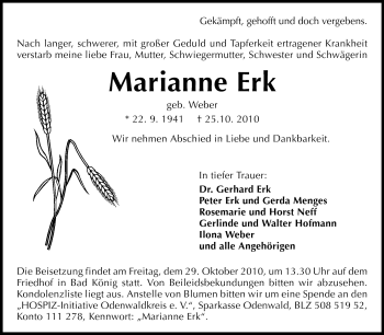 Traueranzeige von Marianne Erk von Odenwälder Echo