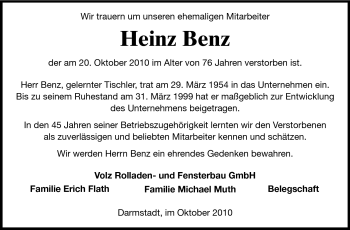 Traueranzeige von Heinz Benz von Echo-Zeitungen (Gesamtausgabe)