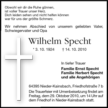 Traueranzeige von Wilhelm Specht von Echo-Zeitungen (Gesamtausgabe)