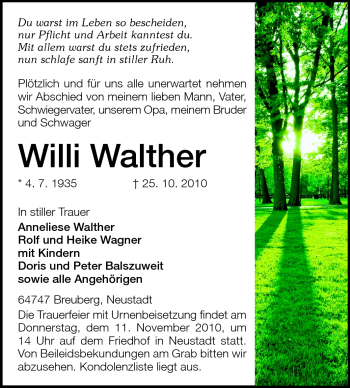 Traueranzeige von Willi Walther von Odenwälder Echo