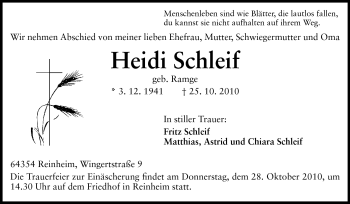 Traueranzeige von Heidi Schleif von Darmstädter Echo, Odenwälder Echo, Rüsselsheimer Echo, Groß-Gerauer-Echo, Ried Echo