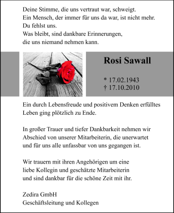 Traueranzeige von Rosi Sawall von Echo-Zeitungen (Gesamtausgabe)