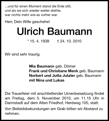 Traueranzeige von Ulrich Baumann von Darmstädter Echo, Odenwälder Echo, Rüsselsheimer Echo, Groß-Gerauer-Echo, Ried Echo