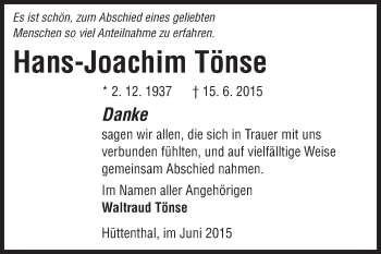 Traueranzeige von Hans-Joachim Tönse von Odenwälder Echo