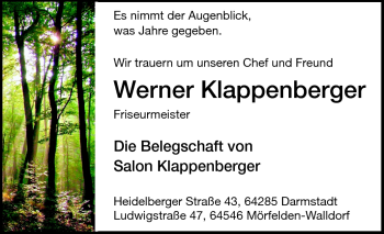Traueranzeige von Werner Klappenberger von Darmstädter Echo, Odenwälder Echo, Rüsselsheimer Echo, Groß-Gerauer-Echo, Ried Echo